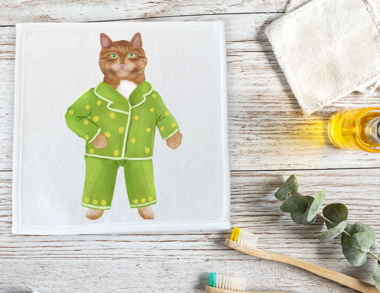 Ginger Cat in Green Polka Dot Pajamas Washcloth - MerikaArt