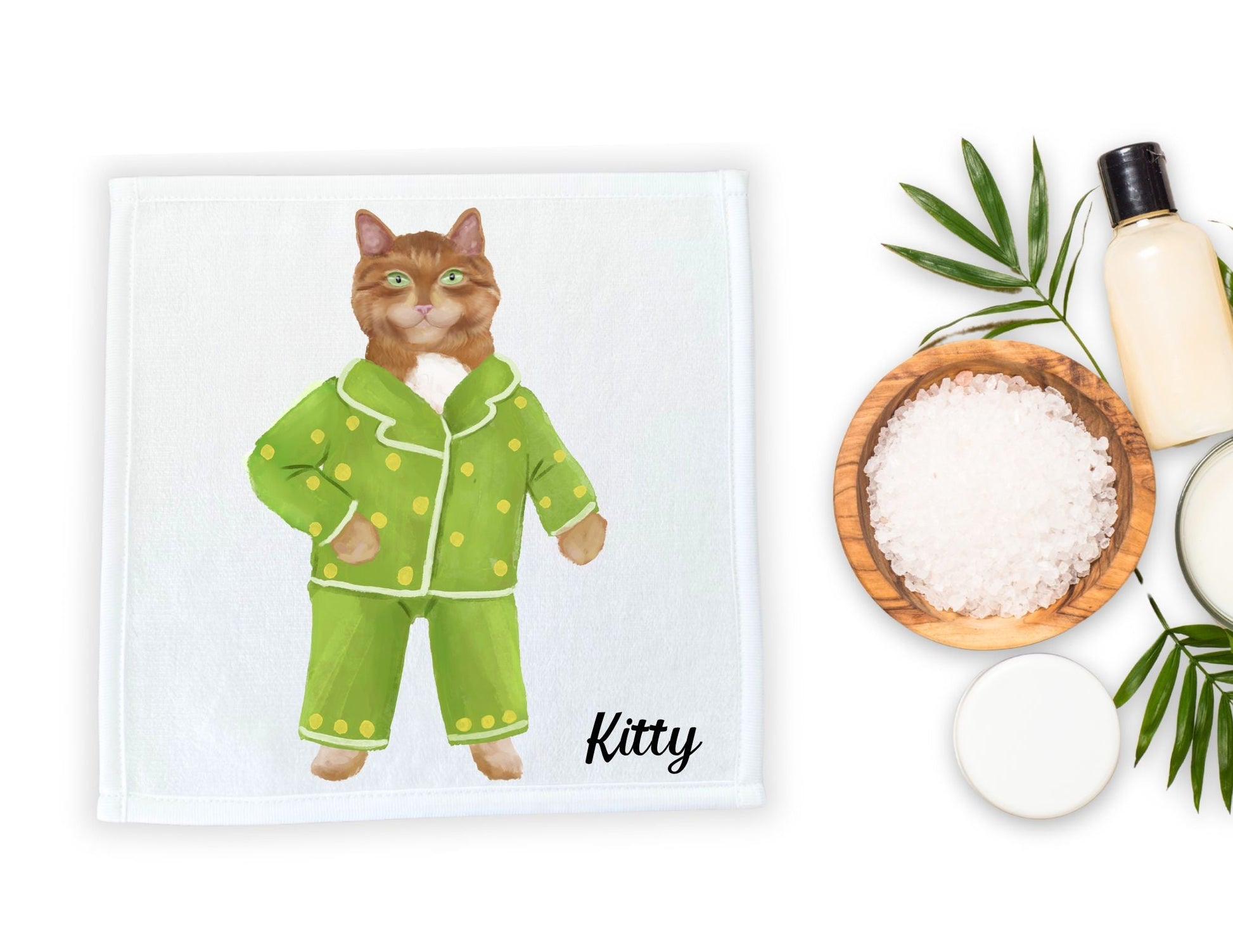 Ginger Cat in Green Polka Dot Pajamas Washcloth - MerikaArt