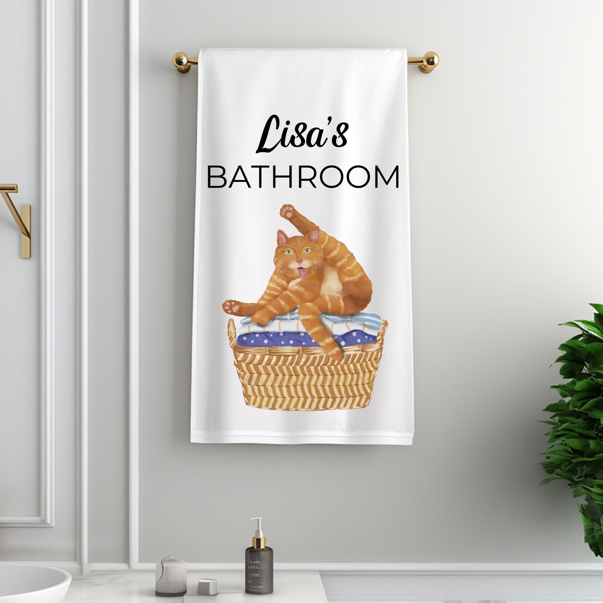 Ginger Cat in Laundry Basket Bathroom Towel - MerikaArt