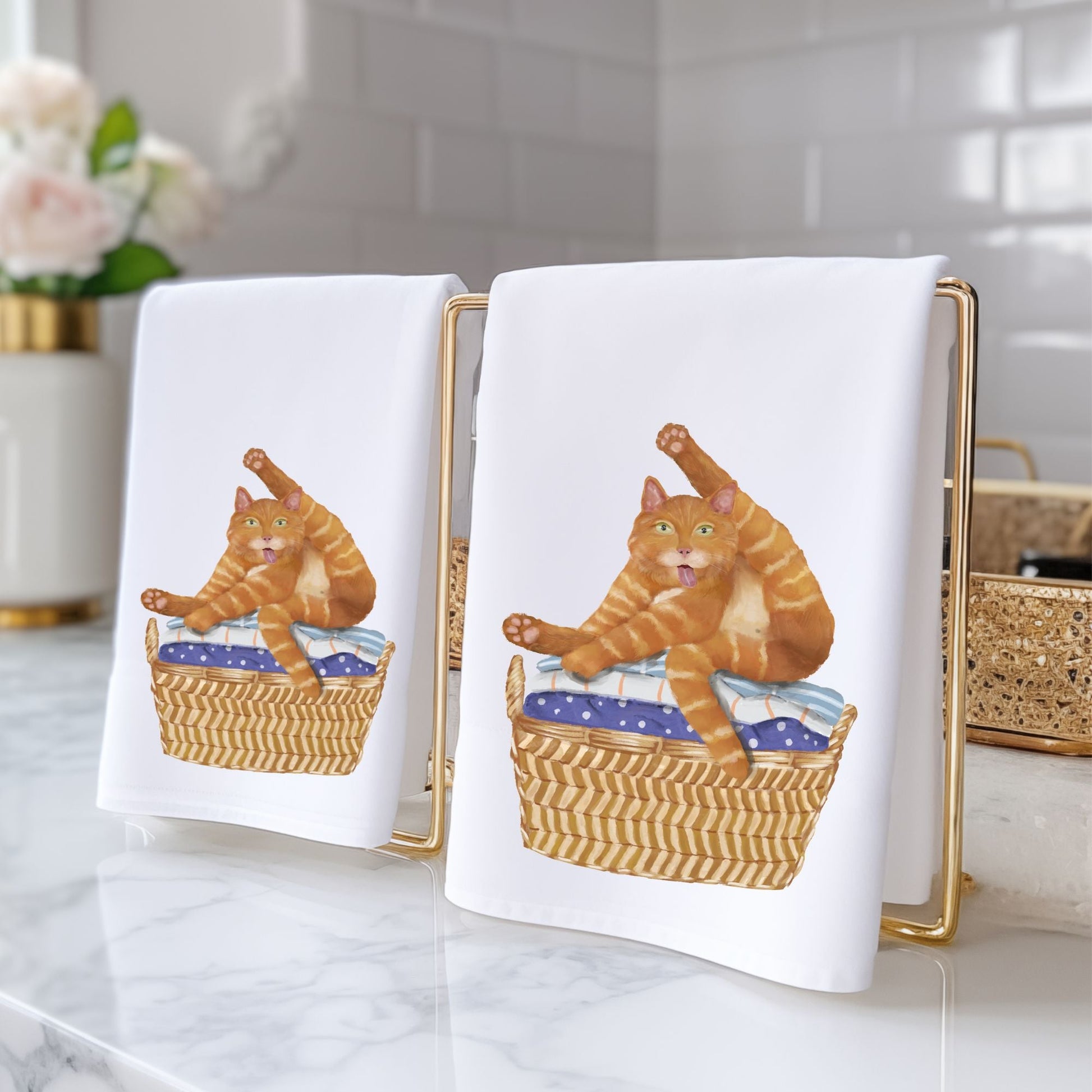 Ginger Cat in Laundry Basket Bathroom Towel - MerikaArt