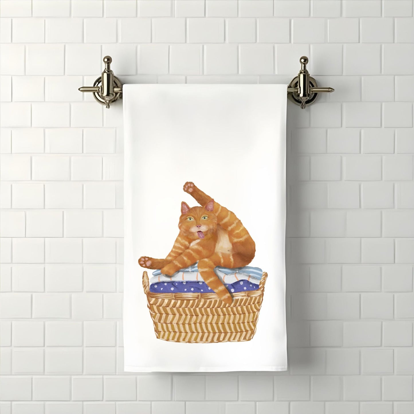 Ginger Cat in Laundry Basket Bathroom Towel - MerikaArt