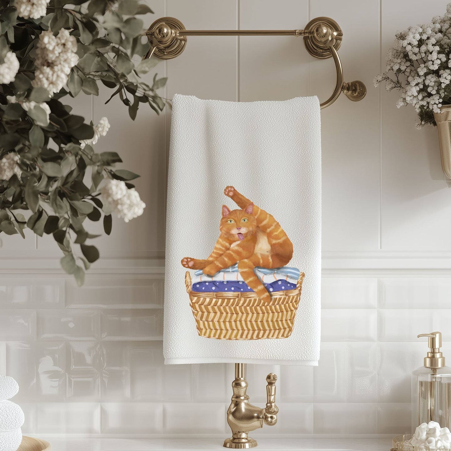 Ginger Cat in Laundry Basket Bathroom Towel - MerikaArt