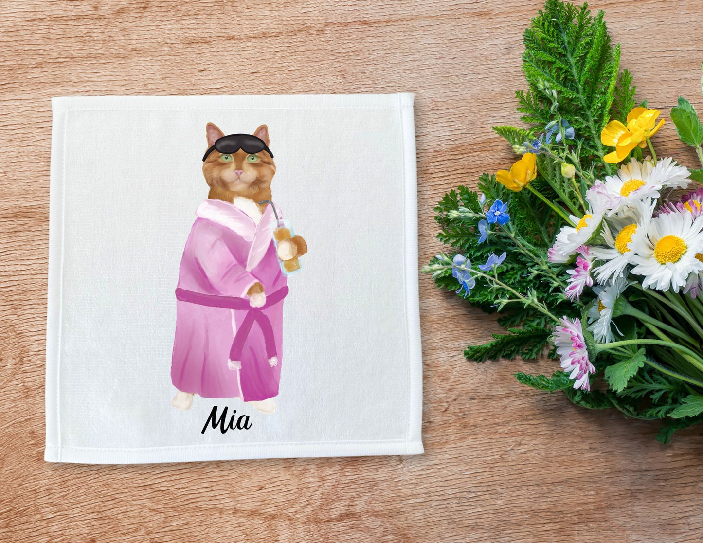 Ginger Cat in Pink Bathrobe Washcloth - MerikaArt