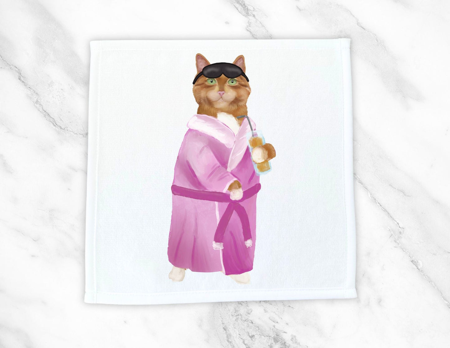 Ginger Cat in Pink Bathrobe Washcloth - MerikaArt