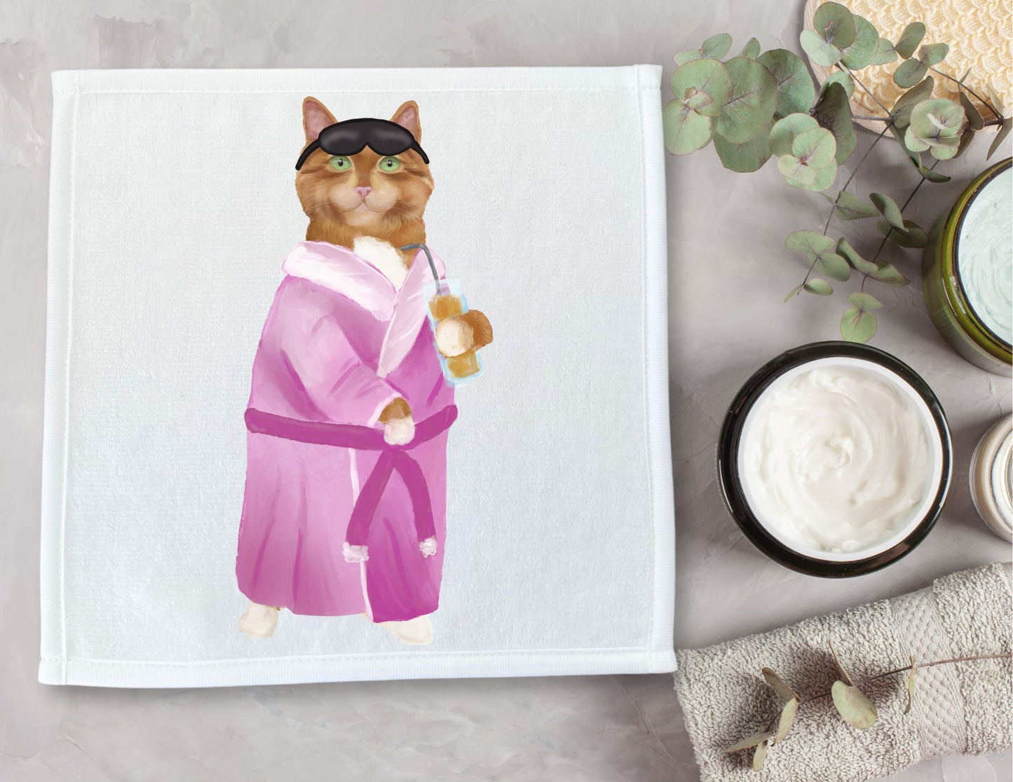 Ginger Cat in Pink Bathrobe Washcloth - MerikaArt