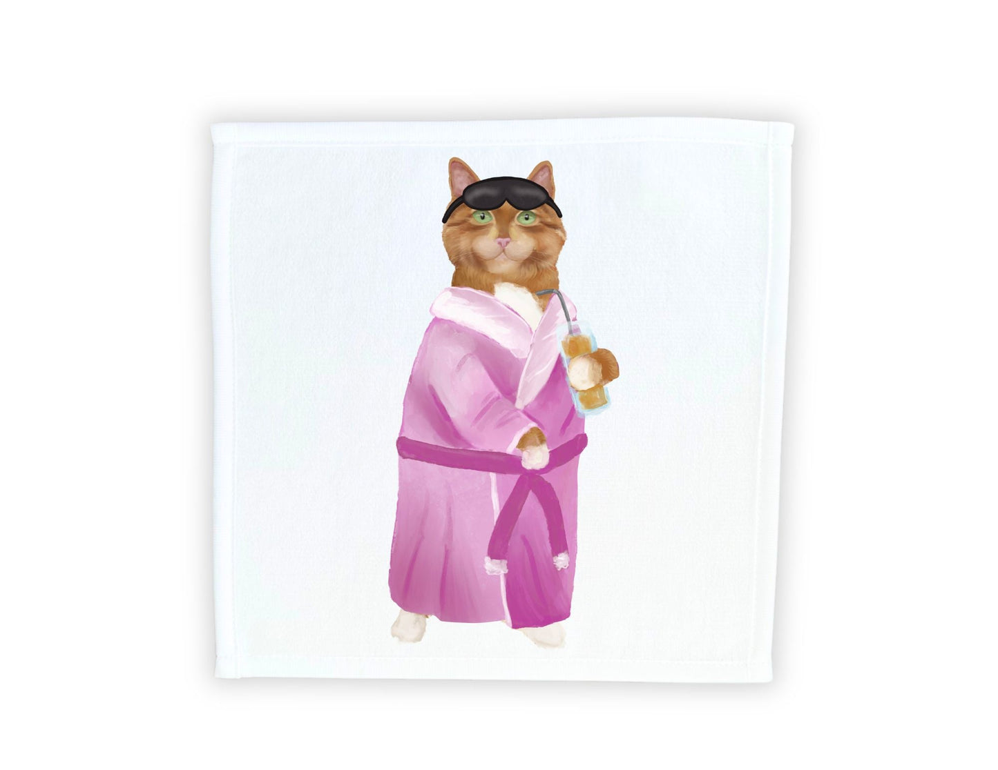 Ginger Cat in Pink Bathrobe Washcloth - MerikaArt