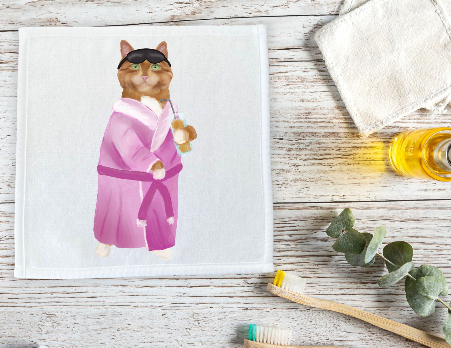 Ginger Cat in Pink Bathrobe Washcloth - MerikaArt