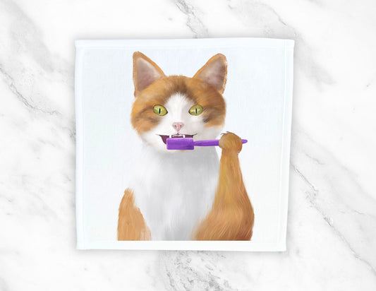 Ginger Cat with Toothbrush Washcloth – Playful Feline Design - MerikaArt