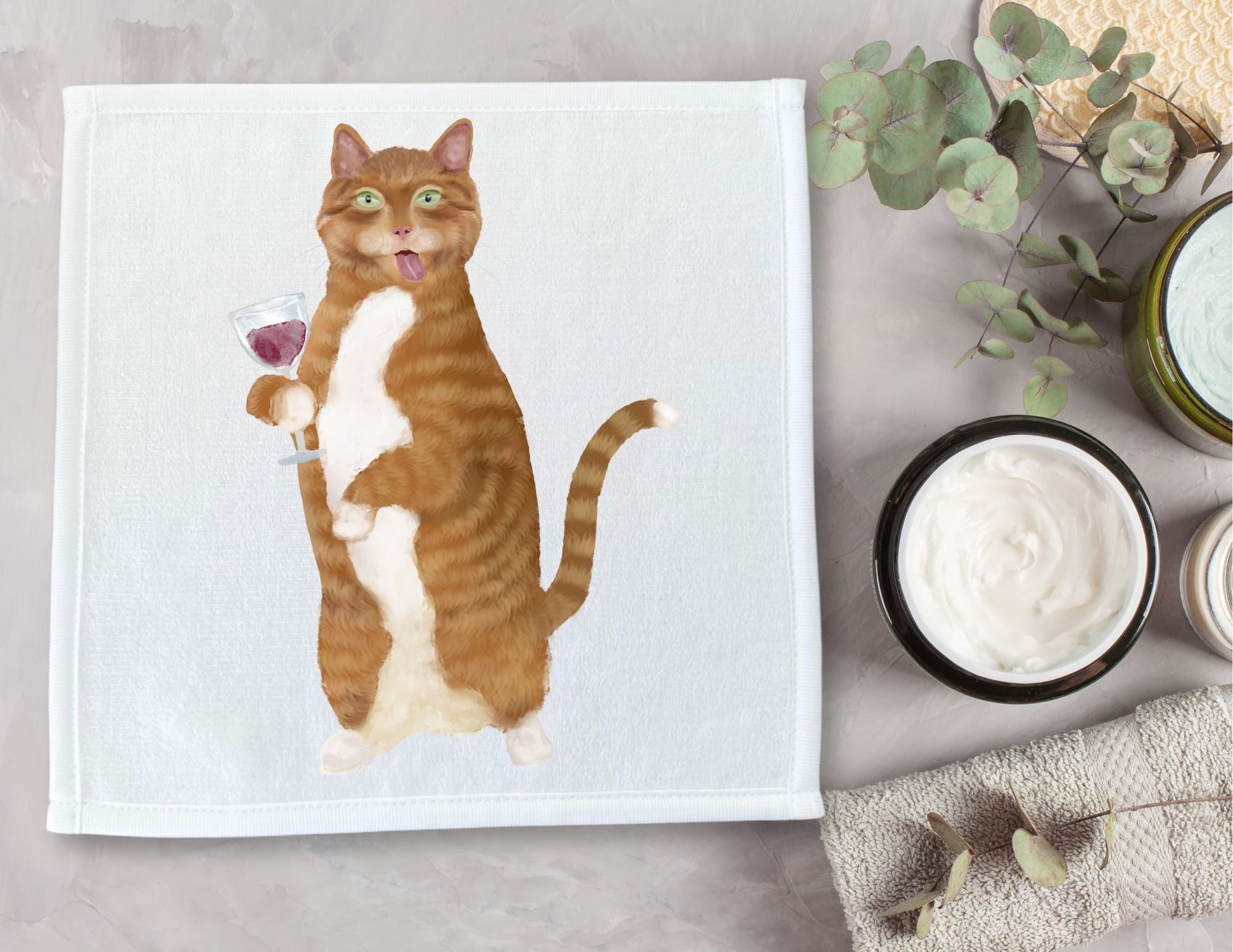 Ginger Cat with Wine Glass Washcloth - MerikaArt