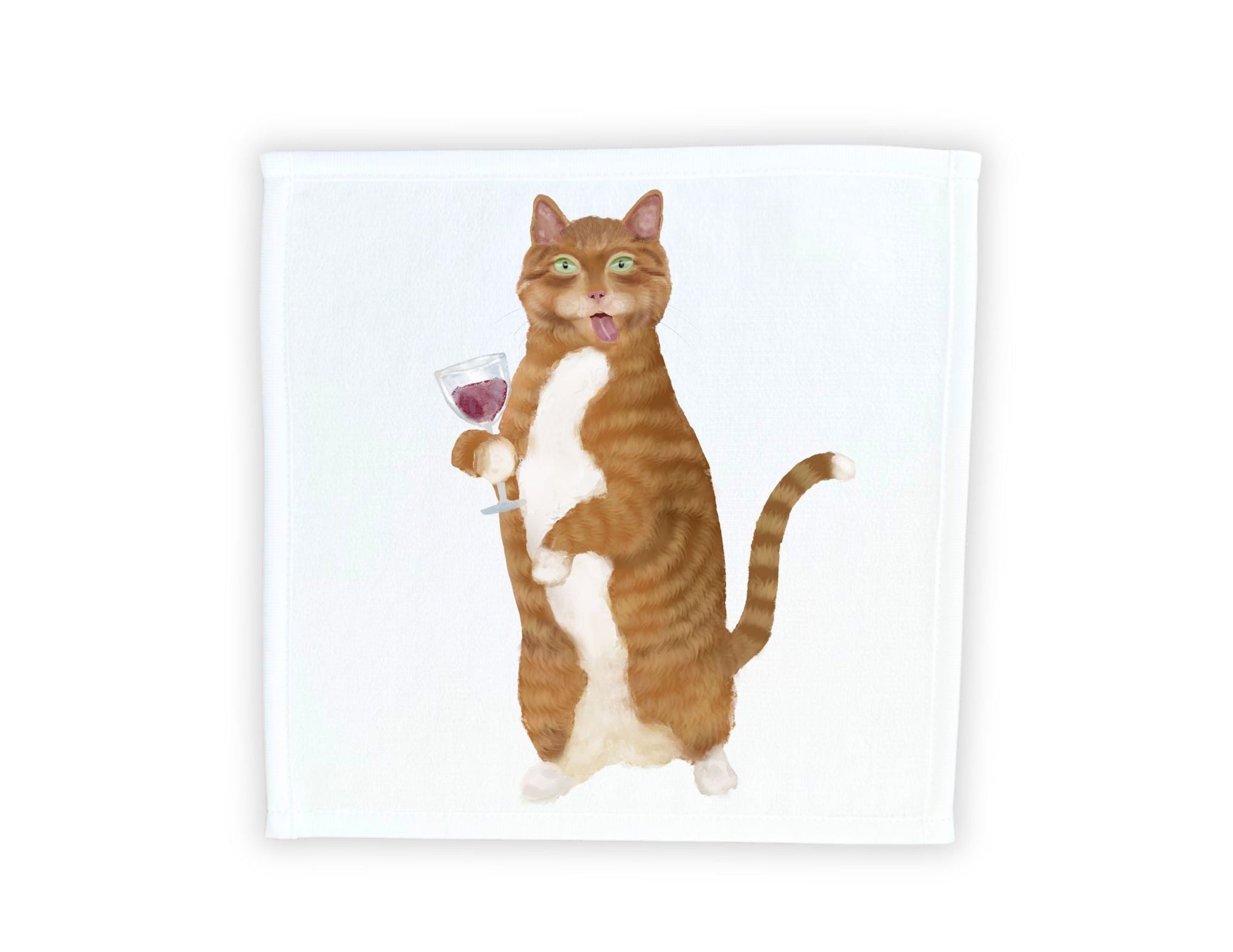 Ginger Cat with Wine Glass Washcloth - MerikaArt