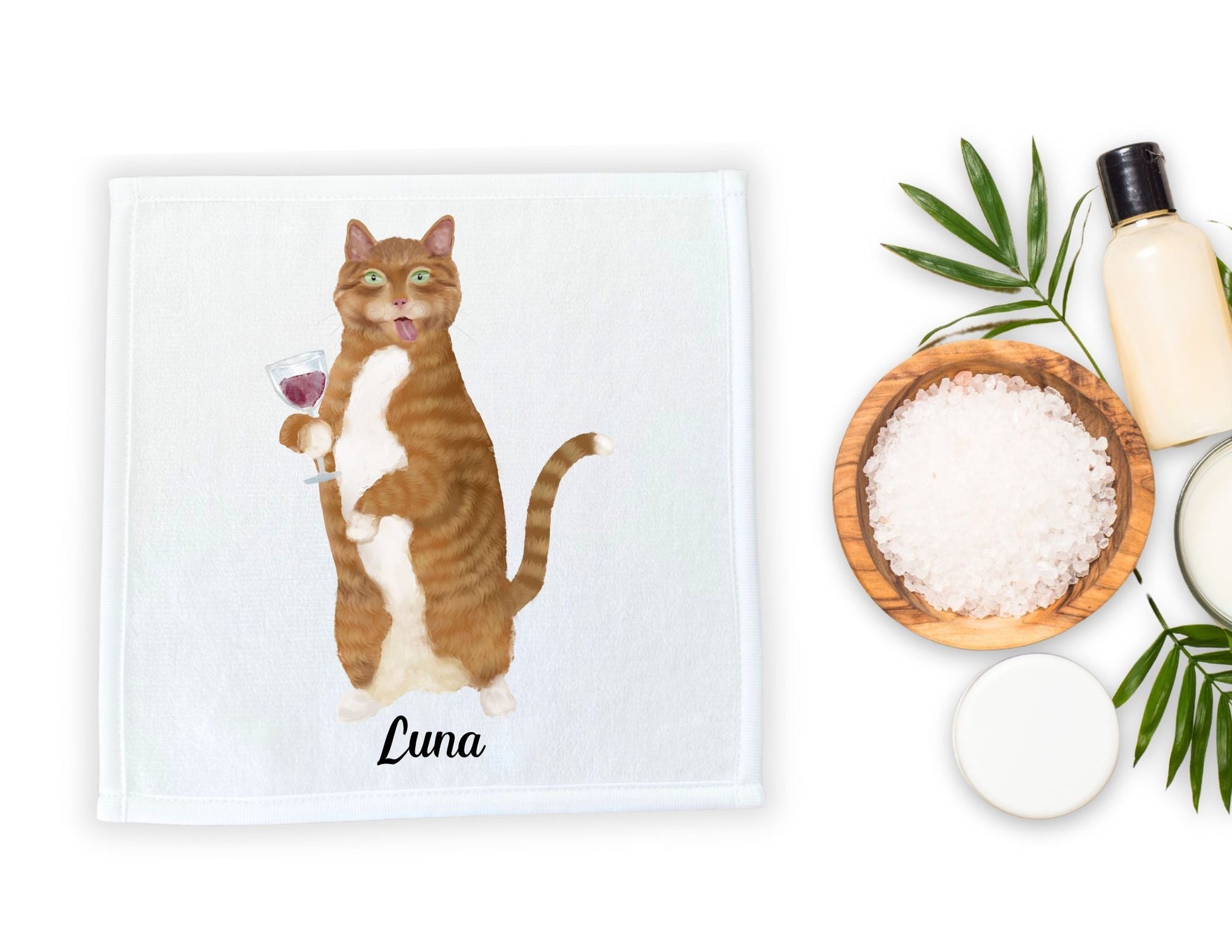 Ginger Cat with Wine Glass Washcloth - MerikaArt