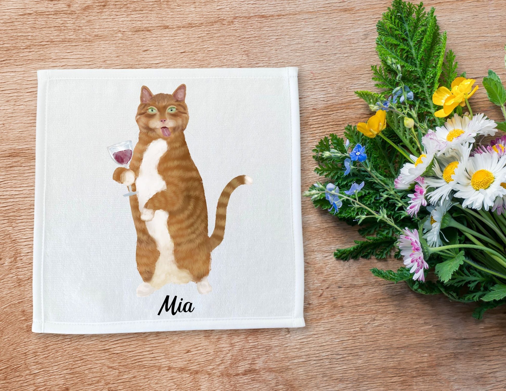 Ginger Cat with Wine Glass Washcloth - MerikaArt