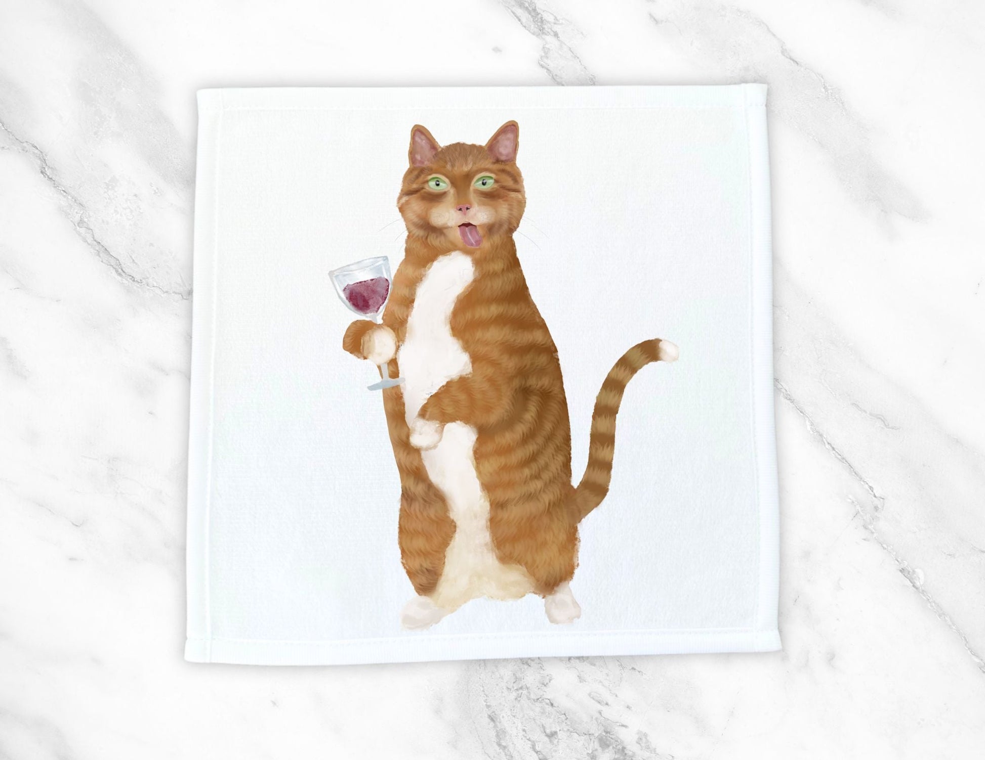 Ginger Cat with Wine Glass Washcloth - MerikaArt