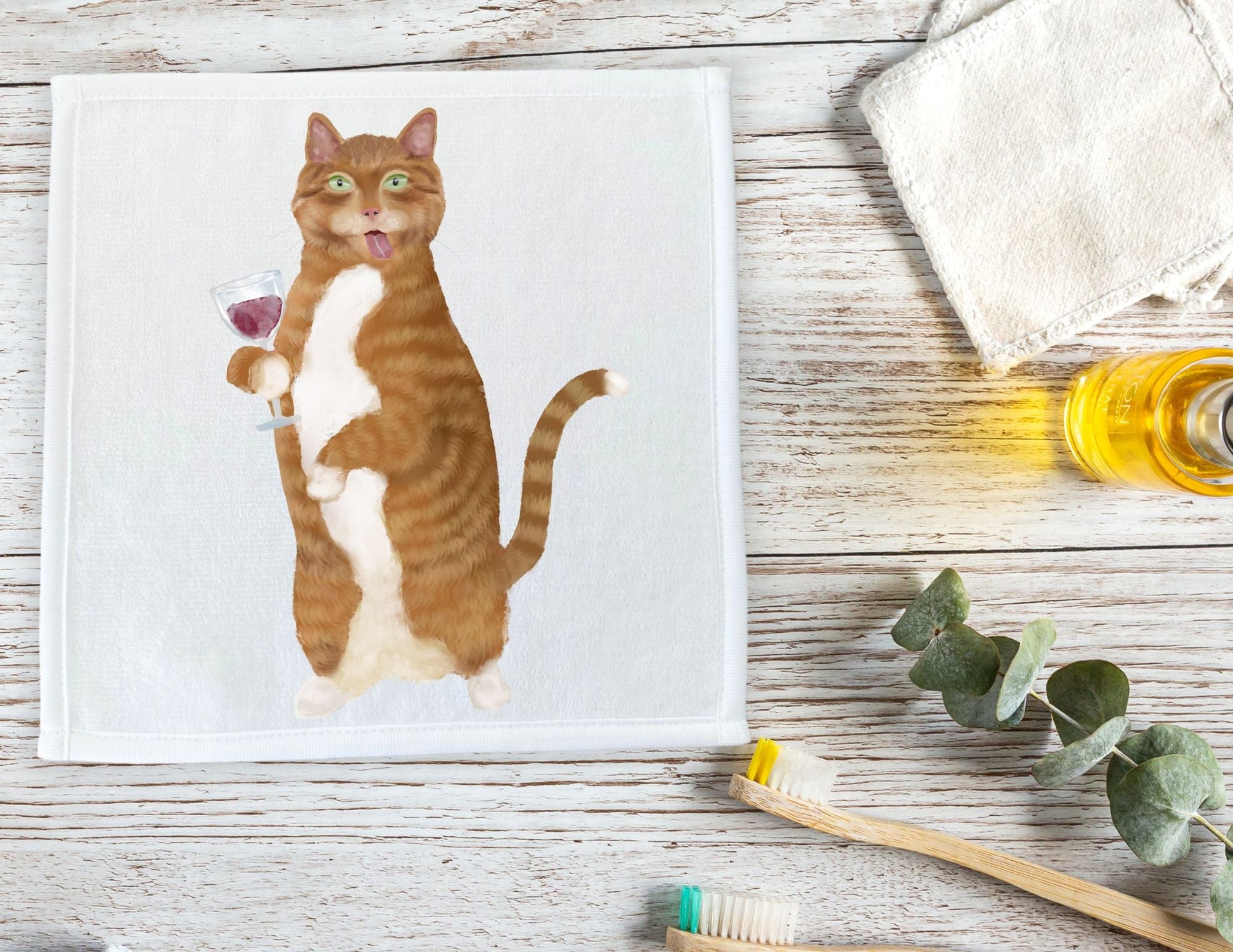 Ginger Cat with Wine Glass Washcloth - MerikaArt