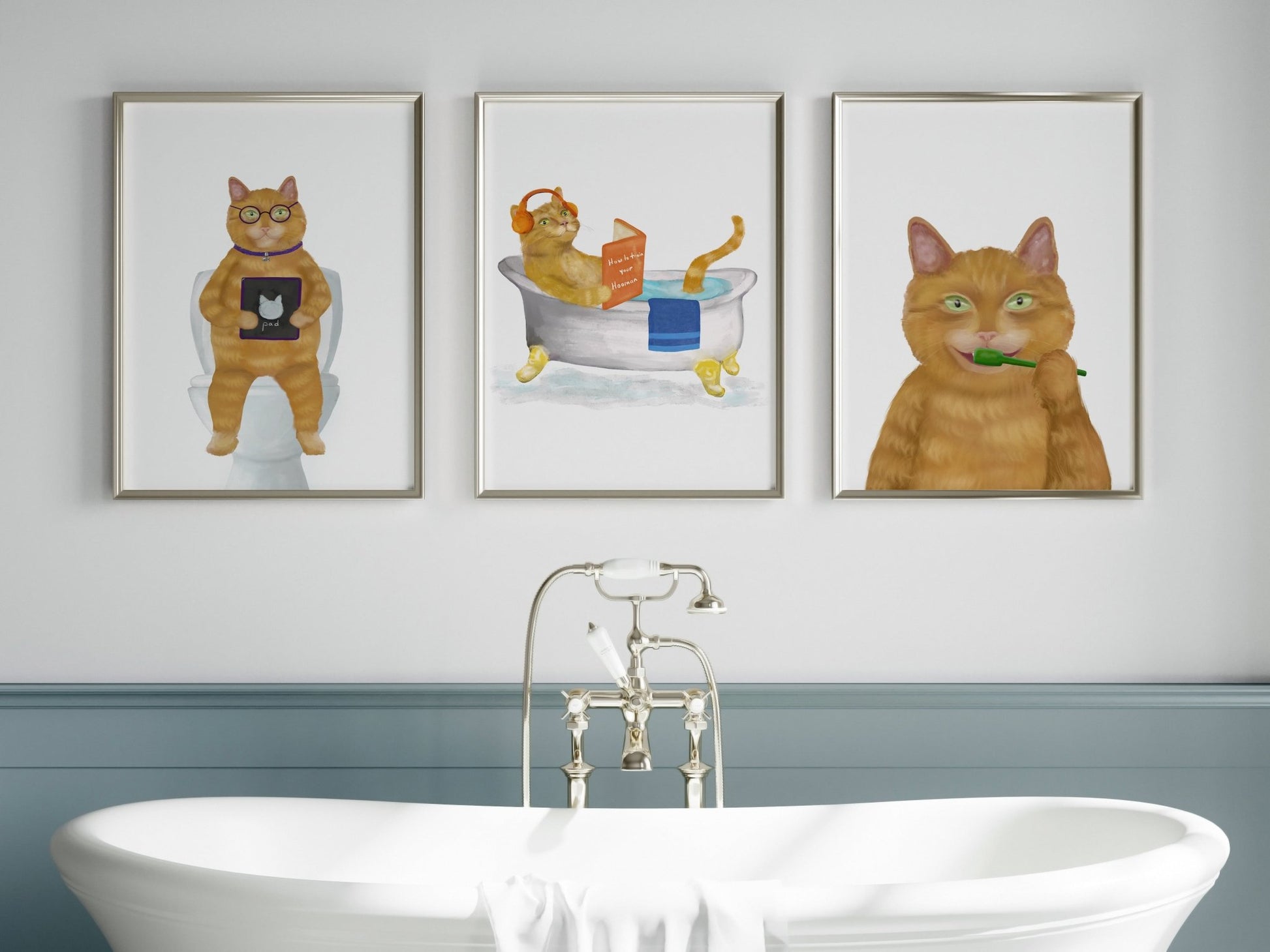 Ginger Tabby Cat Bathroom Art Print Set - Set of 3 - MerikaArt