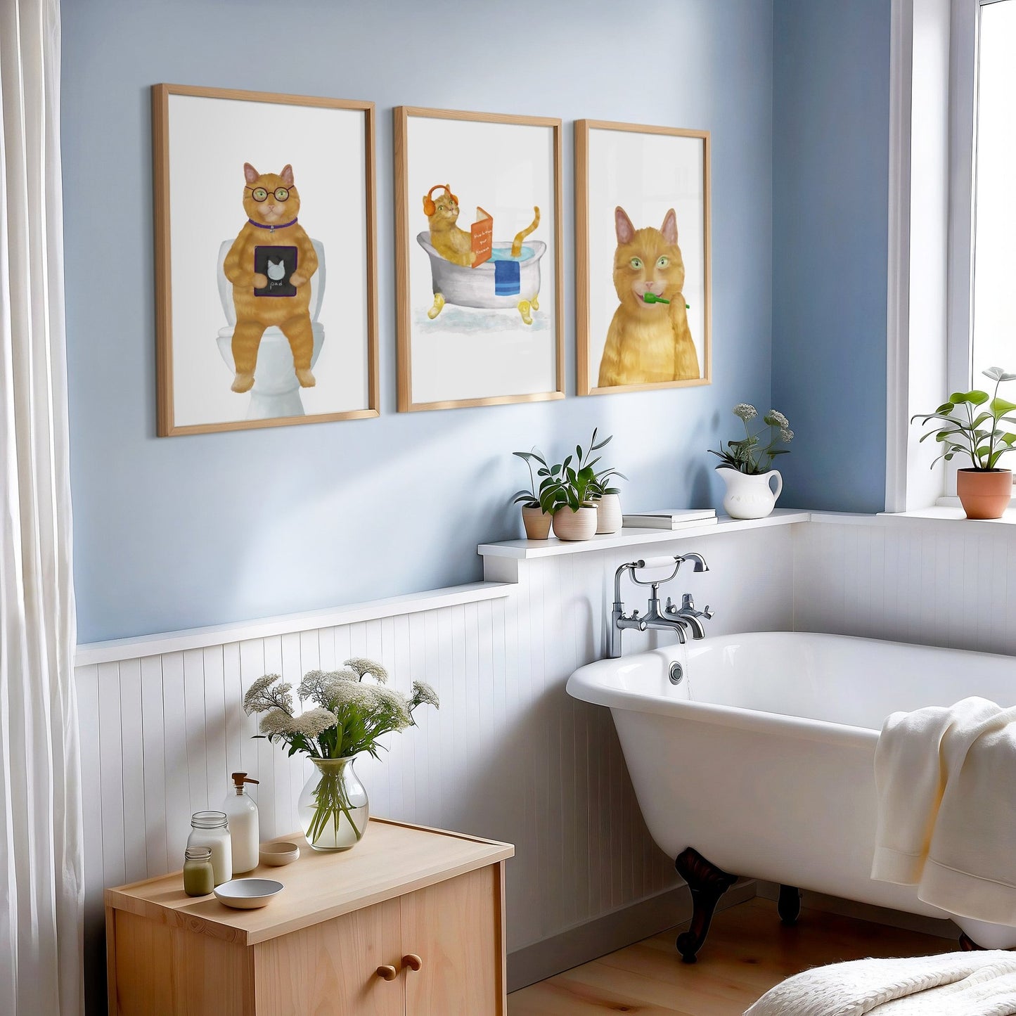 Ginger Tabby Cat Bathroom Art Print Set - Set of 3 - MerikaArt