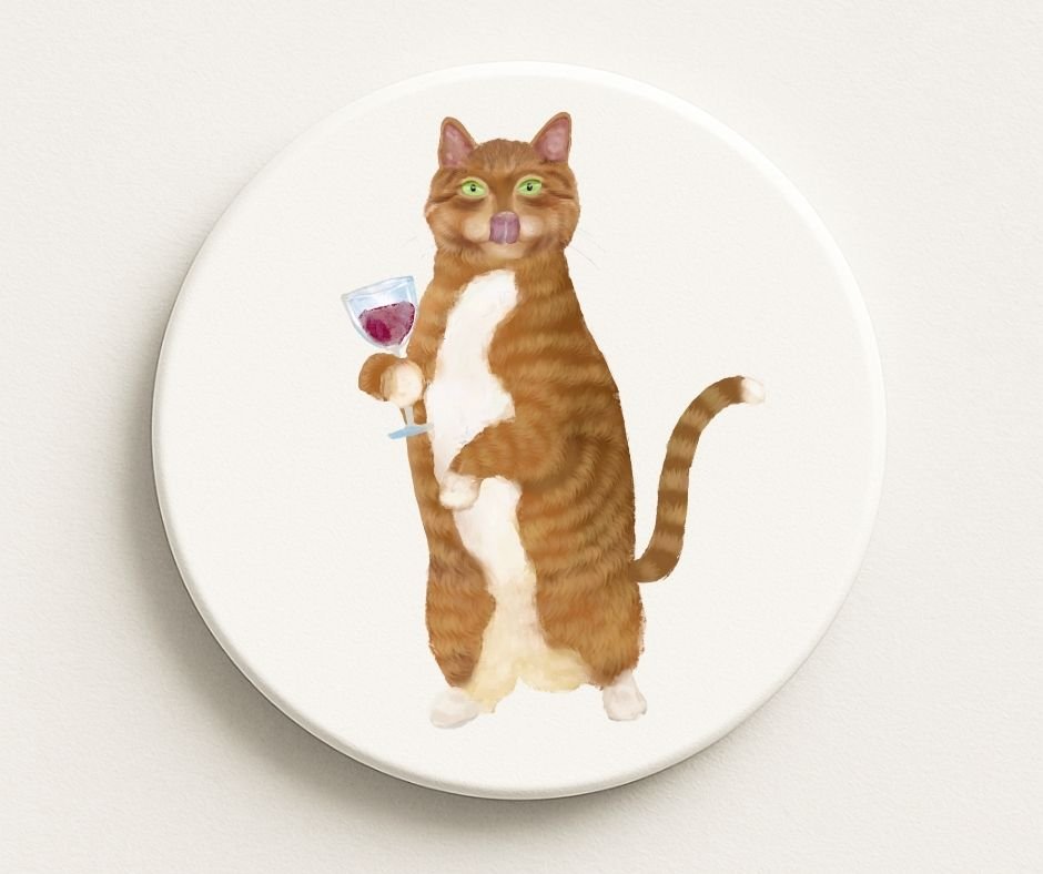Ginger Tabby Cat with Wine Glass Ceramic Coaster - MerikaArt