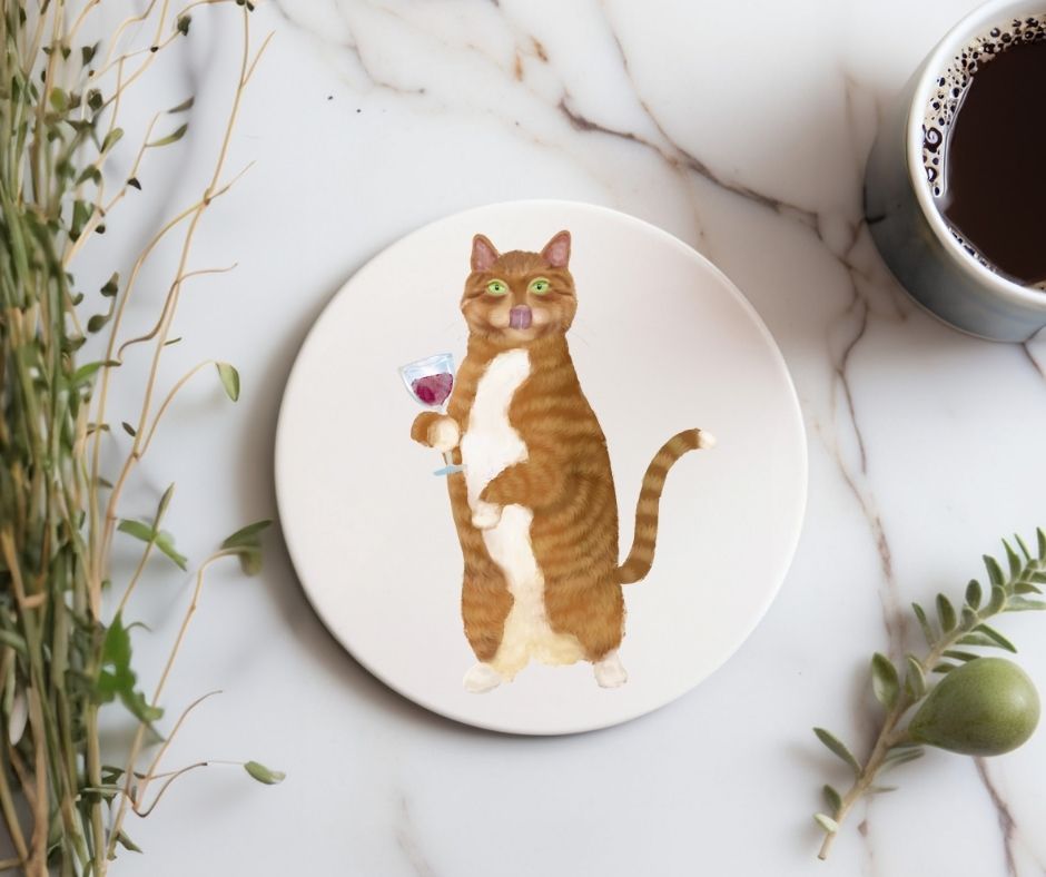 Ginger Tabby Cat with Wine Glass Ceramic Coaster - MerikaArt