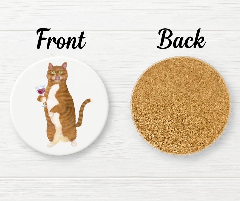 Ginger Tabby Cat with Wine Glass Ceramic Coaster - MerikaArt
