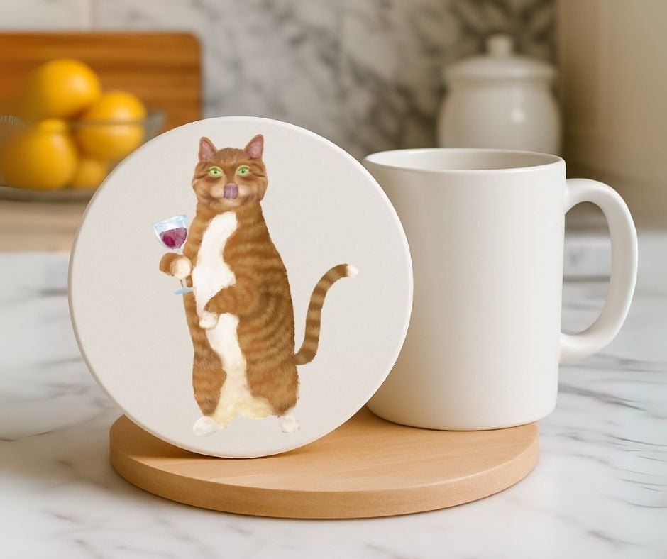 Ginger Tabby Cat with Wine Glass Ceramic Coaster - MerikaArt
