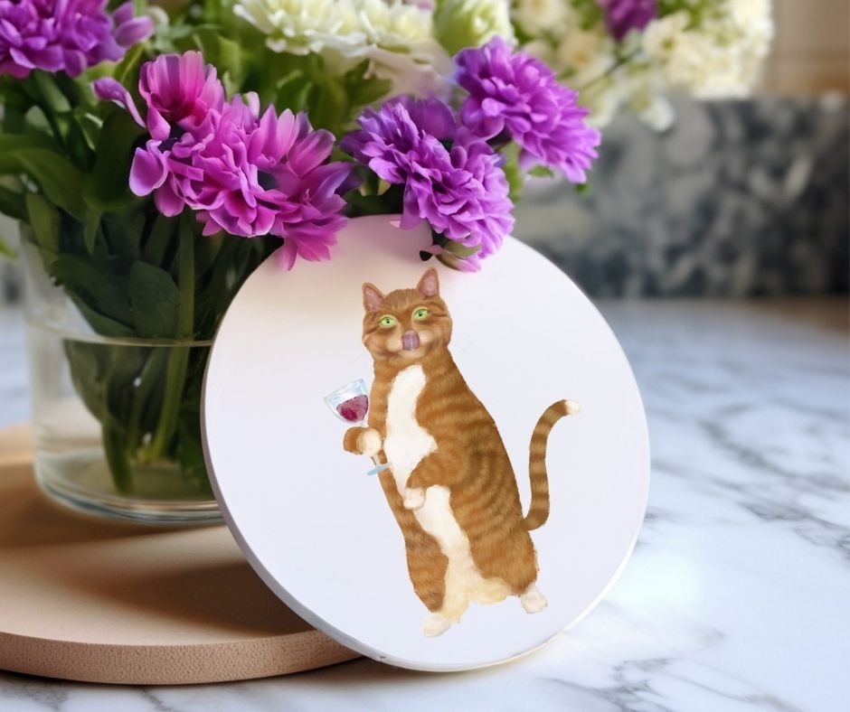 Ginger Tabby Cat with Wine Glass Ceramic Coaster - MerikaArt