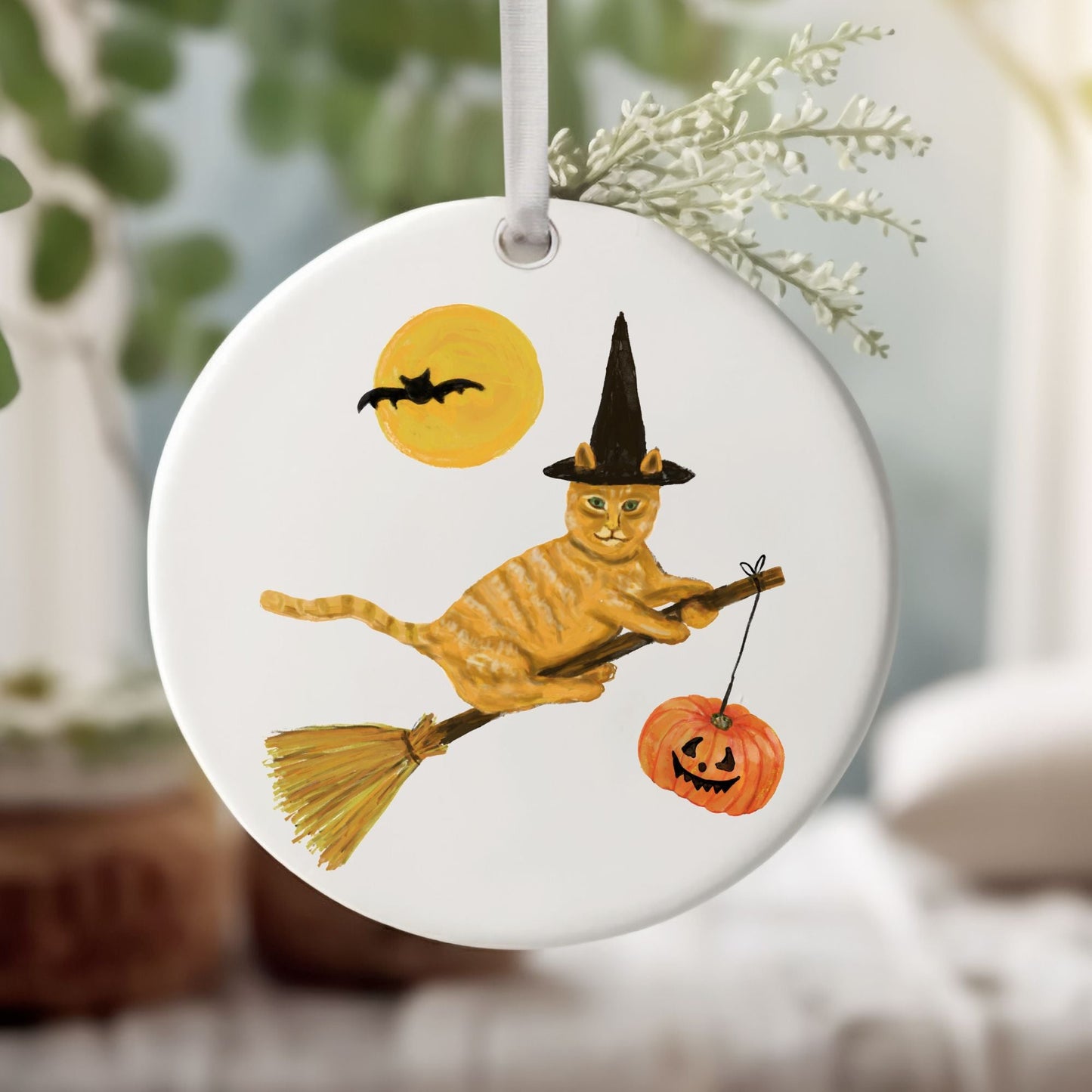 Ginger Tabby Witch Cat on Broom Ceramic Ornament - MerikaArt