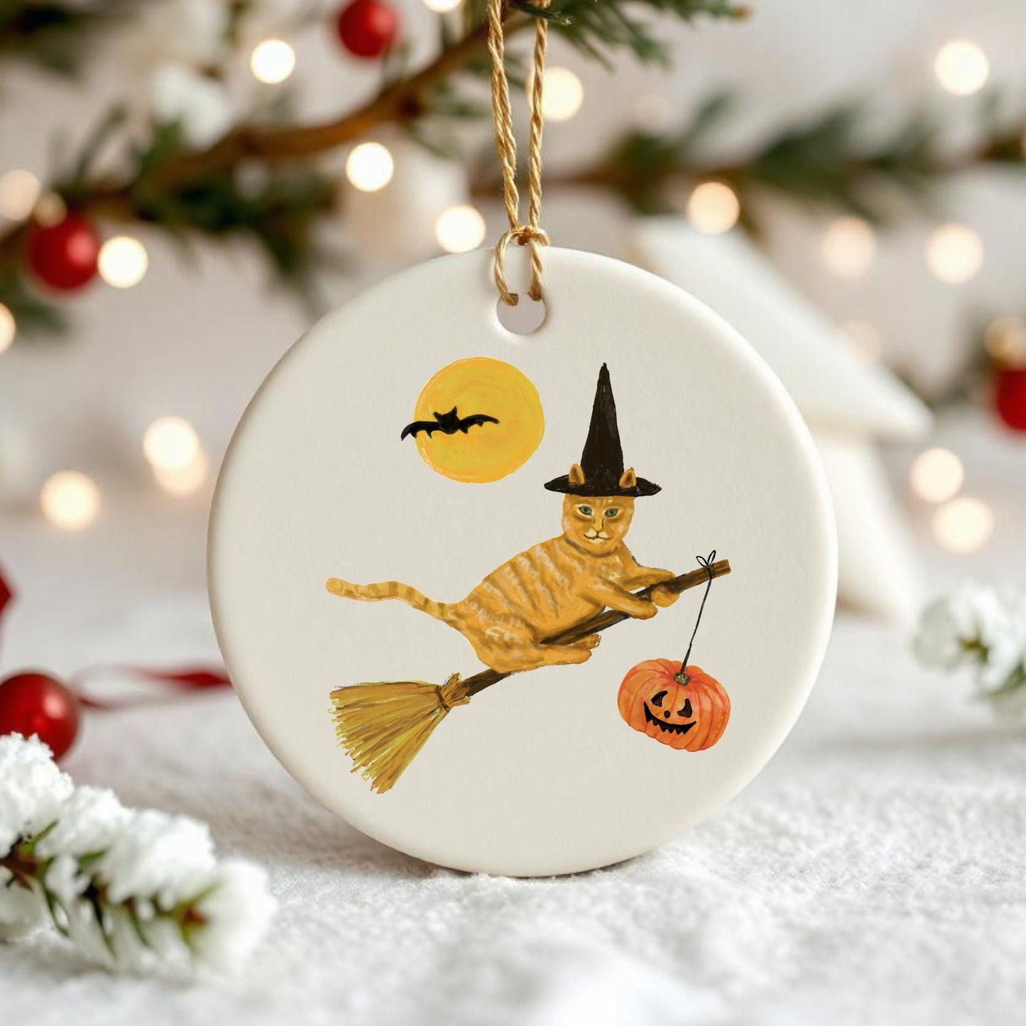 Ginger Tabby Witch Cat on Broom Ceramic Ornament - MerikaArt