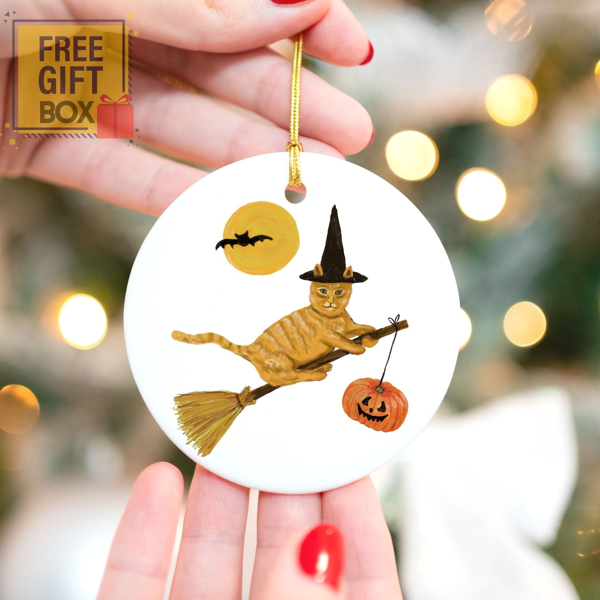 Ginger Tabby Witch Cat on Broom Ceramic Ornament - MerikaArt