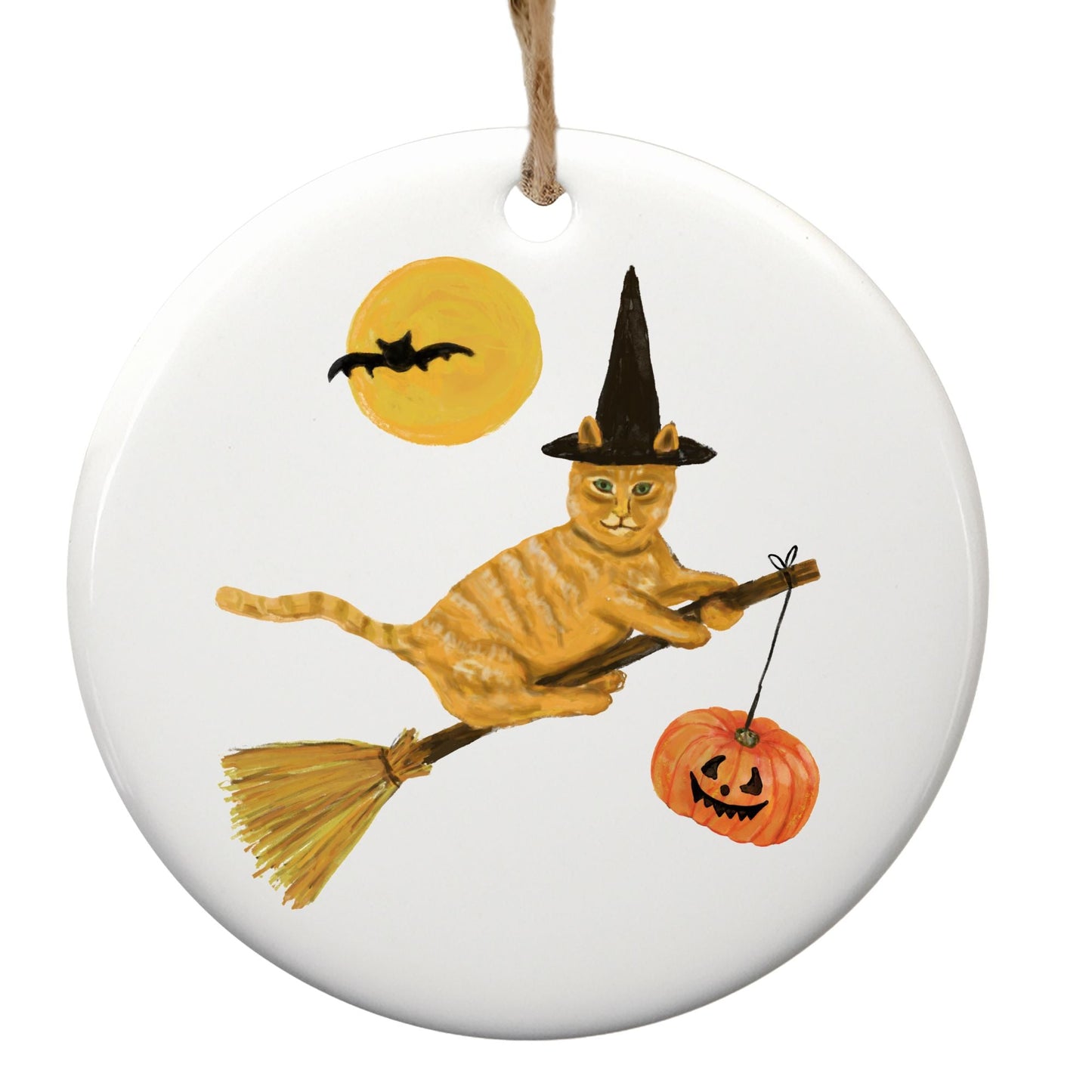 Ginger Tabby Witch Cat on Broom Ceramic Ornament - MerikaArt