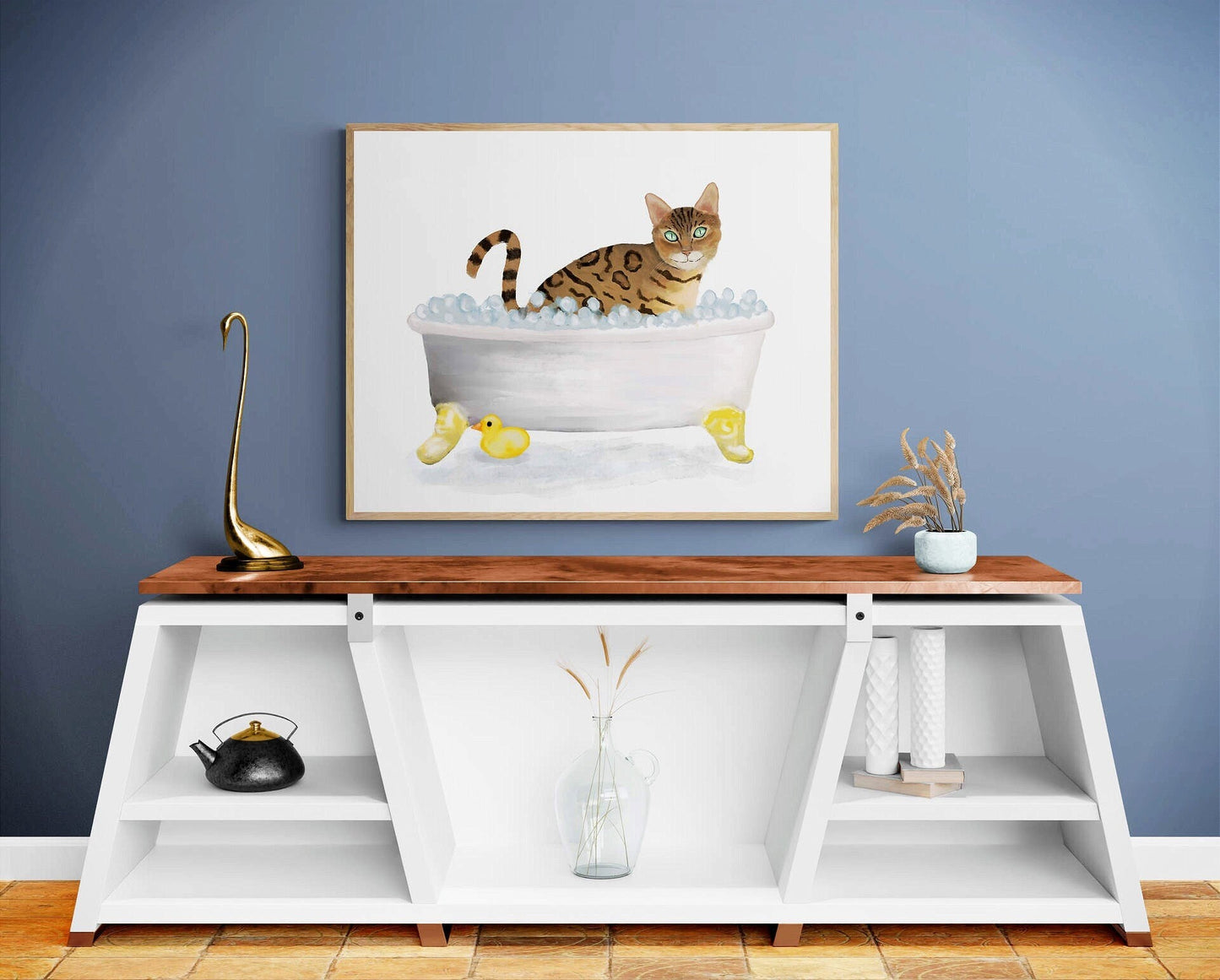 Gold Bengal Cat Bathing Print, Bengal Cat In Bathtub, Bathroom Art, Bathroom Cat Painting, Cat Relaxing In Bath Print, Cat Lover - MerikaArt