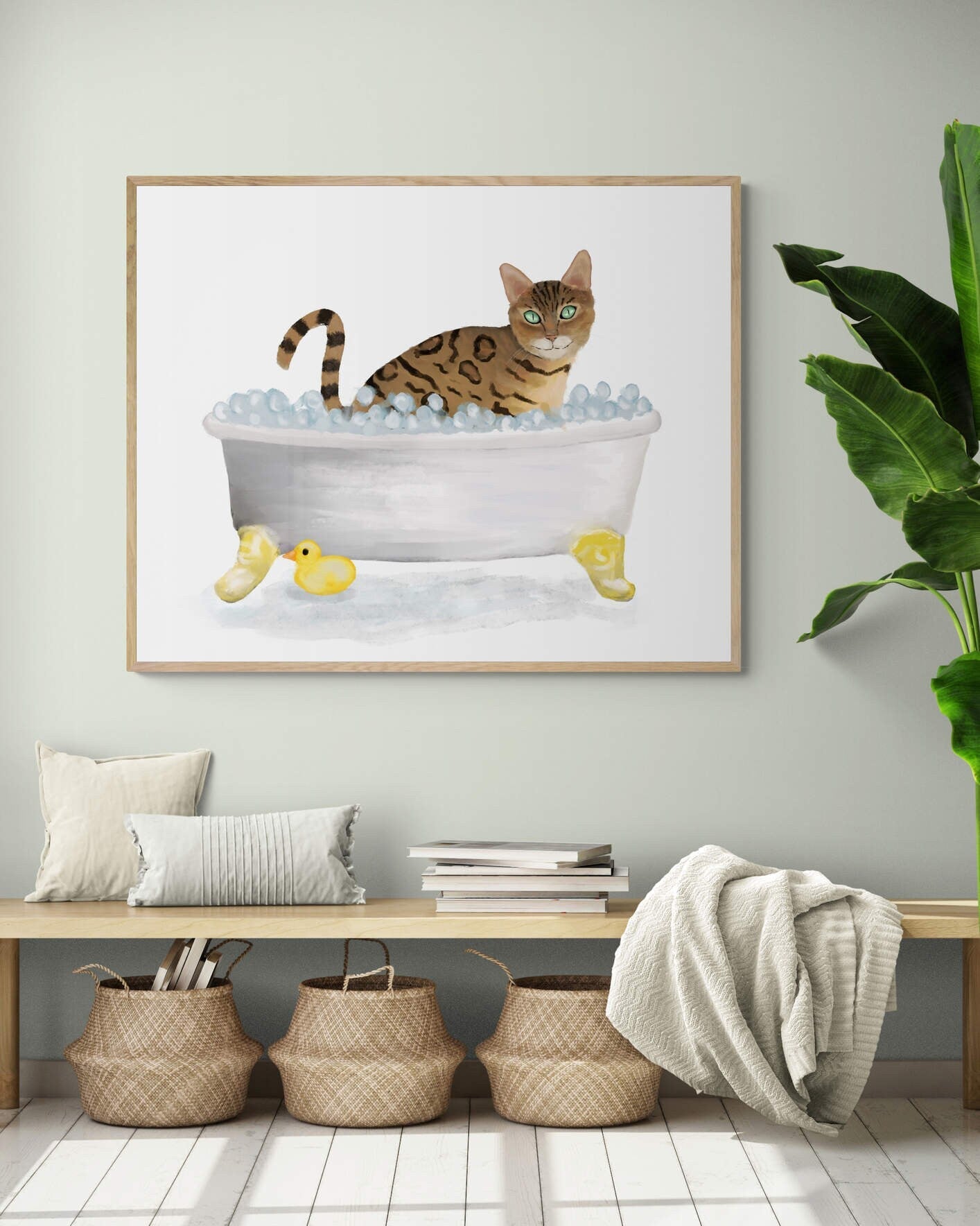 Gold Bengal Cat Bathing Print, Bengal Cat In Bathtub, Bathroom Art, Bathroom Cat Painting, Cat Relaxing In Bath Print, Cat Lover - MerikaArt