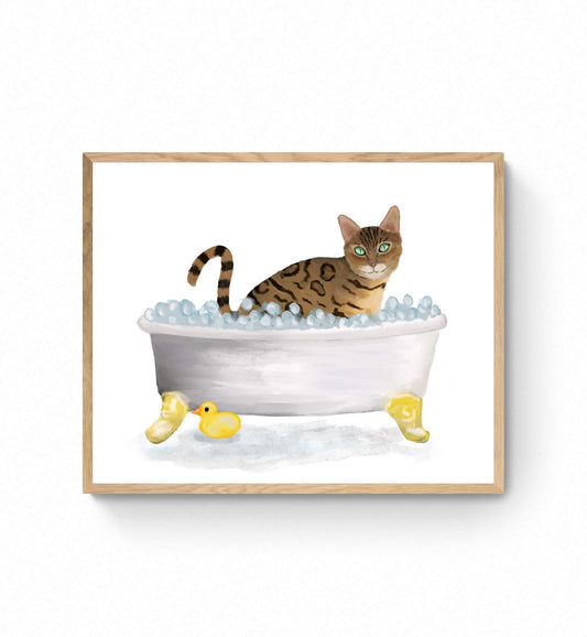 Gold Bengal Cat Bathing Print, Bengal Cat In Bathtub, Bathroom Art, Bathroom Cat Painting, Cat Relaxing In Bath Print, Cat Lover - MerikaArt