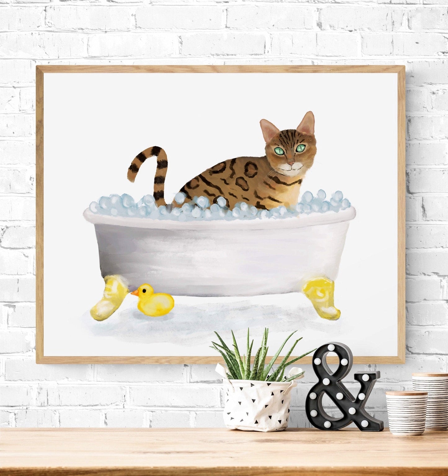 Gold Bengal Cat Bathing Print, Bengal Cat In Bathtub, Bathroom Art, Bathroom Cat Painting, Cat Relaxing In Bath Print, Cat Lover - MerikaArt