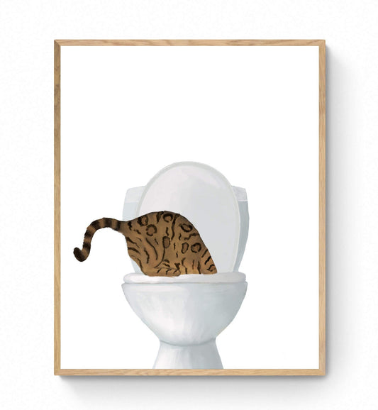 Gold Bengal Cat Drinking Water From Toilet Print, Bengal Cat Art, Bathroom Decor, Bathroom Cat Painting, Kitty Licking Water From Toilet Art - MerikaArt