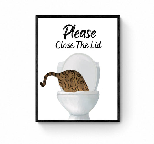 Gold Bengal Cat Drinking Water From Toilet Sign, Fat Bengal Cat Print Decor, Bathroom Cat Painting, Kitty Licking Water From Toilet Art - MerikaArt