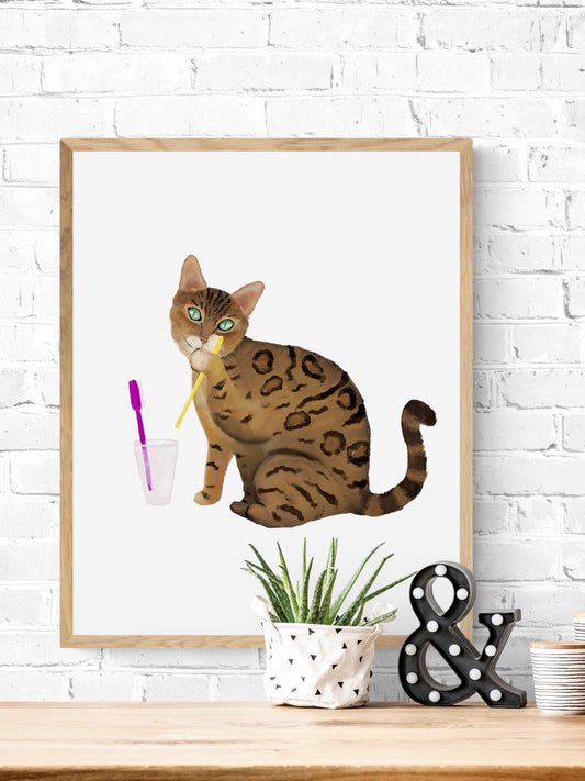 Gold Bengal Cat Licking Toothbrush, Bengal Cat Brushing Teeth, Bathroom Art, Bathroom Cat Painting, Cat In Bath Print, Cat Lover Gift - MerikaArt