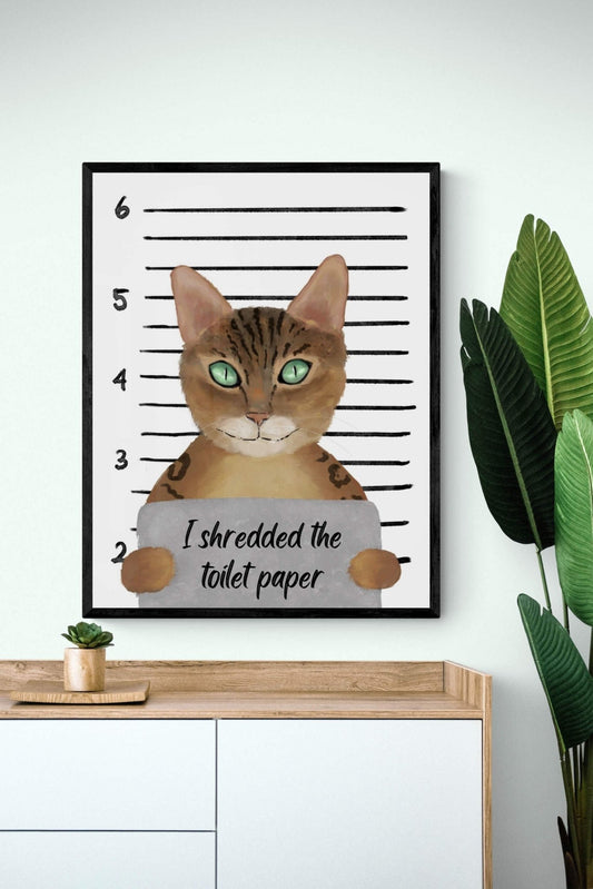 Gold Bengal Cat Mug Shot Print, Bengal Cat in Prison Artwork, Bathroom Painting, Cat With Toilet Paper Print, Cat Lover Gift, Funny Cat Gift - MerikaArt