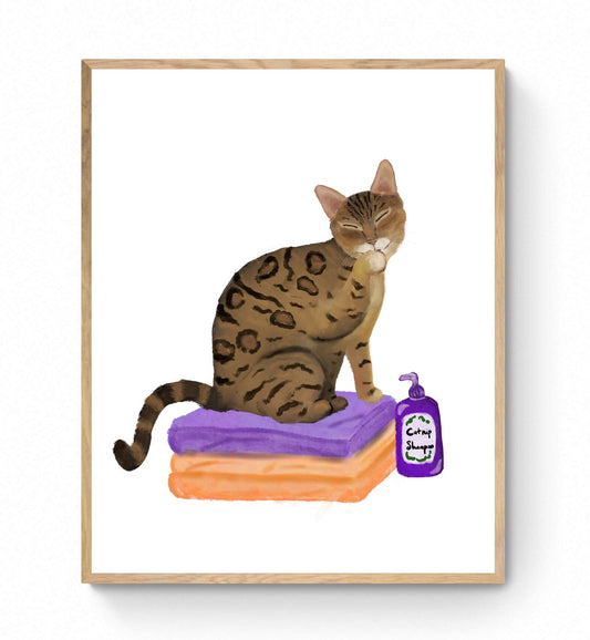 Gold Bengal Cat on Laundry Print, Bengal Cat Sitting on Folded Linens, Laundry Wall Art, Cat Illustration, Home Decor, Cat Memorial - MerikaArt