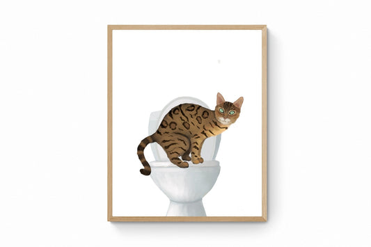 Gold Bengal Cat On Toilet Art, Bathroom Art, Bathroom Cat Painting, Cat On Toilet Print, Cat Lover Gift - MerikaArt