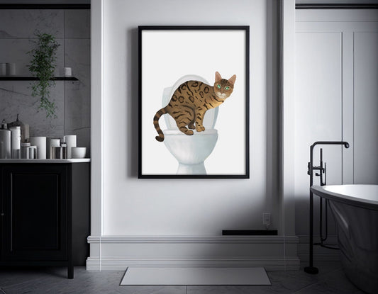 Gold Bengal Cat On Toilet Art, Bathroom Art, Bathroom Cat Painting, Cat On Toilet Print, Cat Lover Gift, Bathroom Cat Decor, Housewarming Gift - MerikaArt