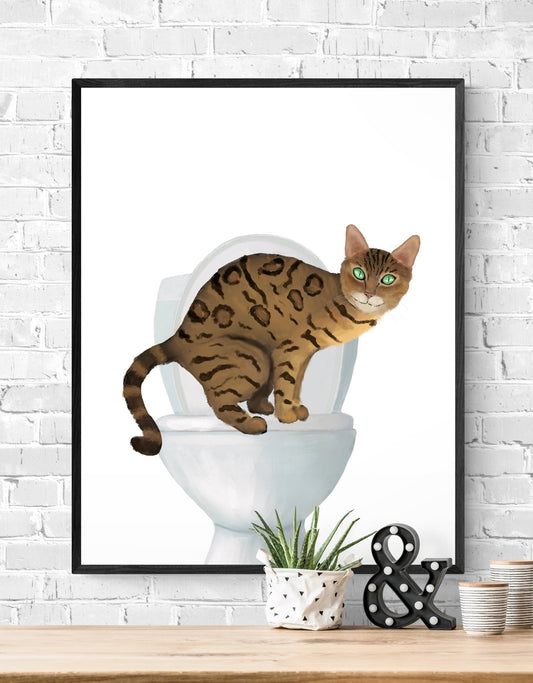 Gold Bengal Cat on Toilet Art Print - Bathroom Cat Decor - MerikaArt