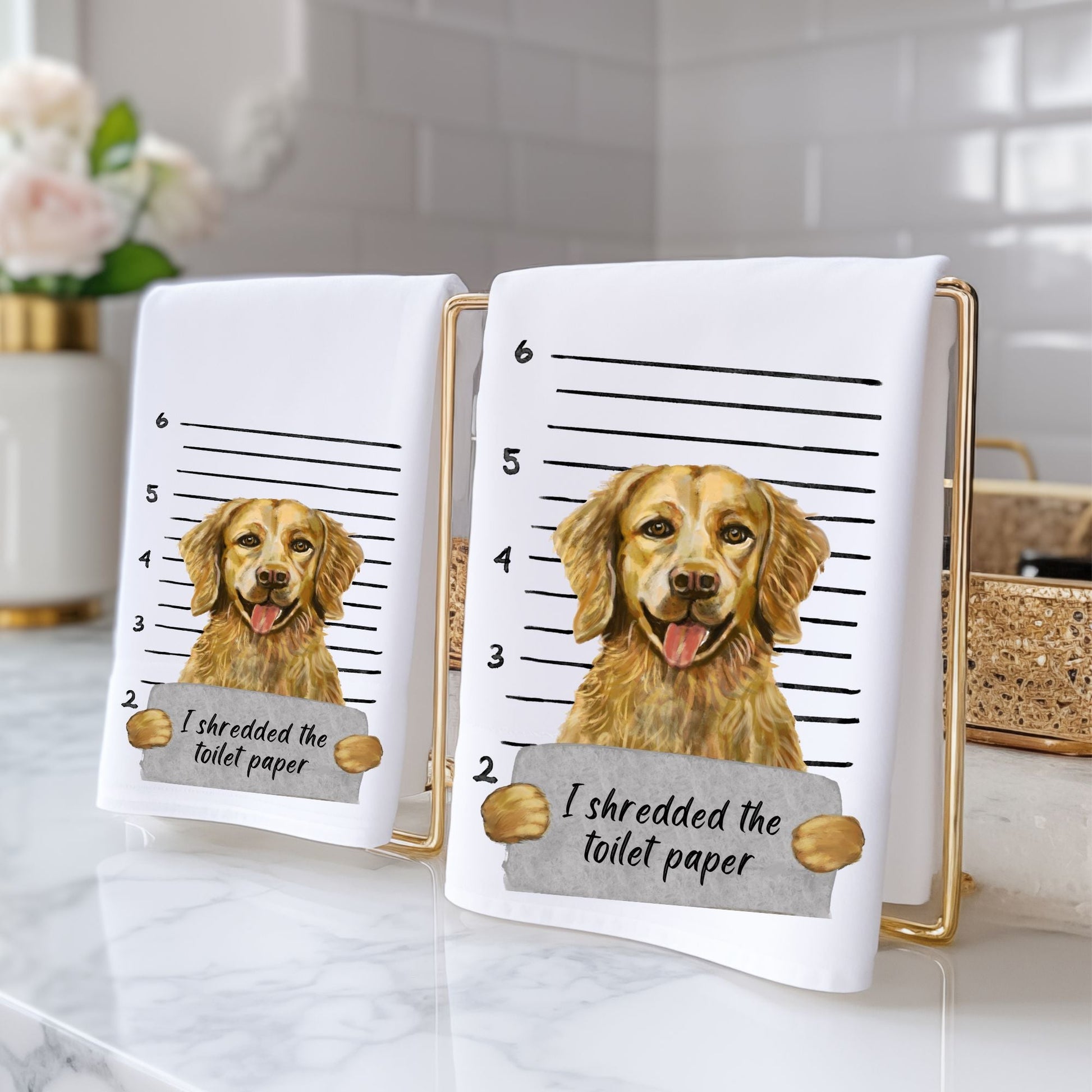 Golden Retriever Mugshot Bathroom Towel - MerikaArt