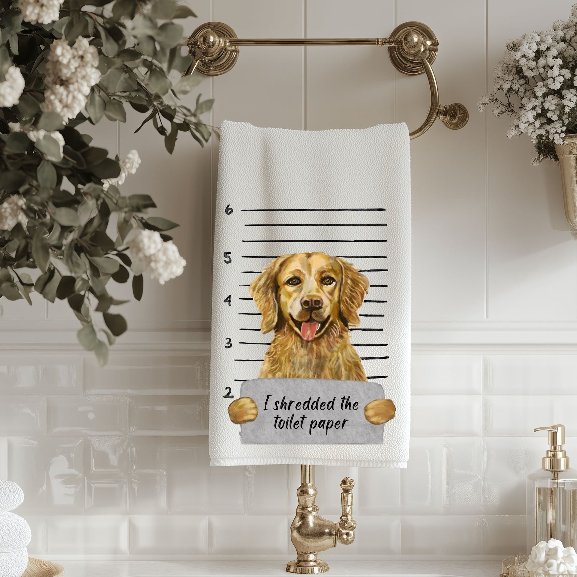 Golden Retriever Mugshot Bathroom Towel - MerikaArt
