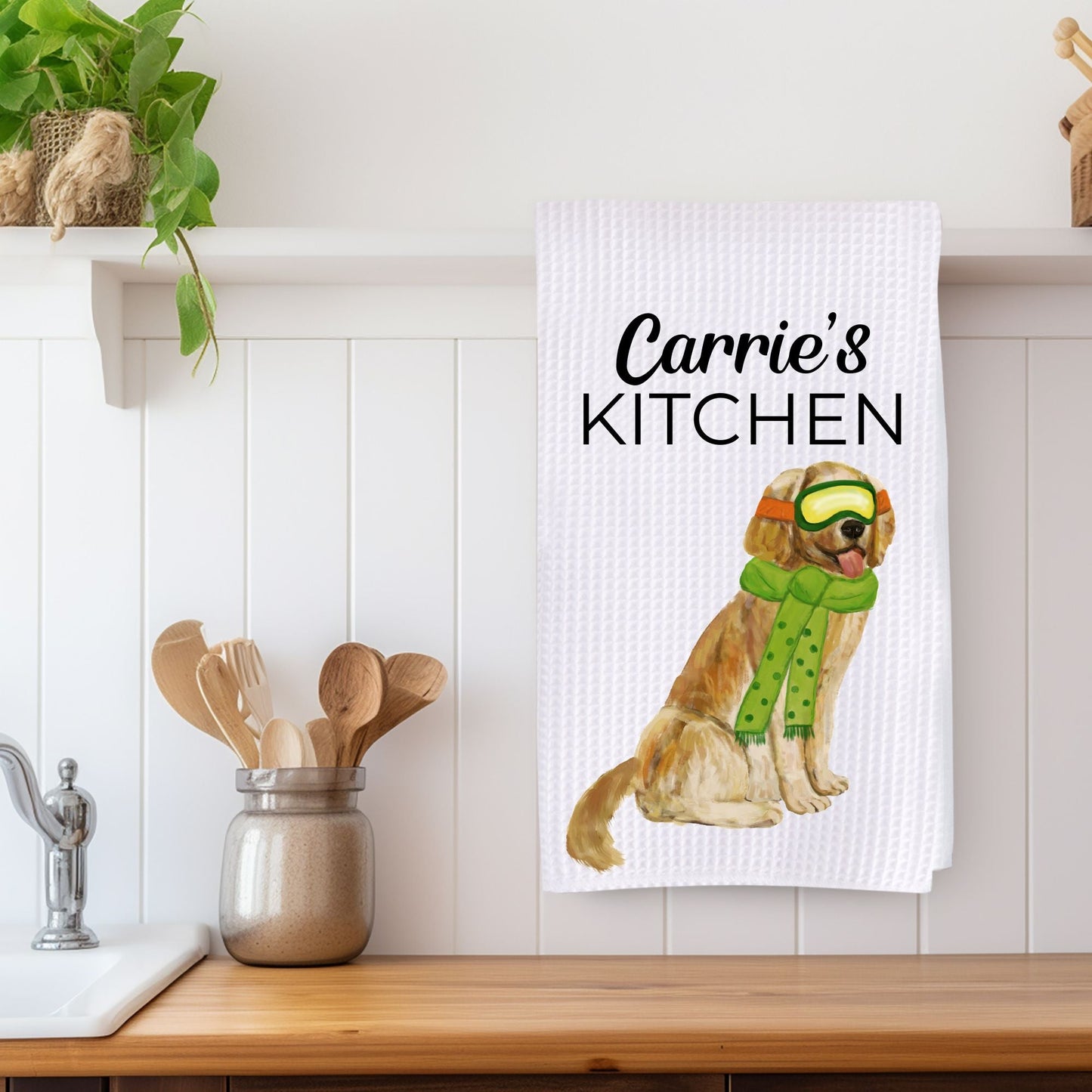 Golden Retriever Waffle Weave Kitchen Towel - MerikaArt