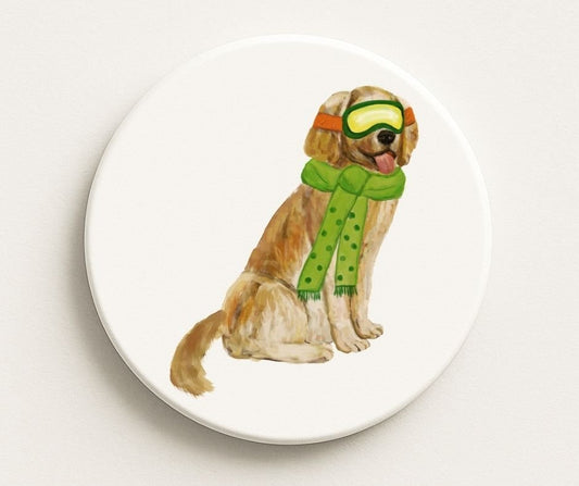 Golden Retriever Winter Dog Ceramic Coaster - MerikaArt