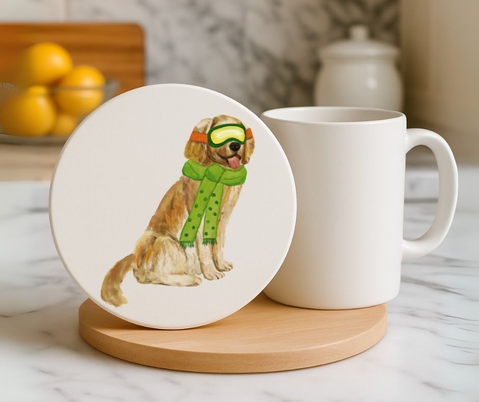 Golden Retriever Winter Dog Ceramic Coaster - MerikaArt