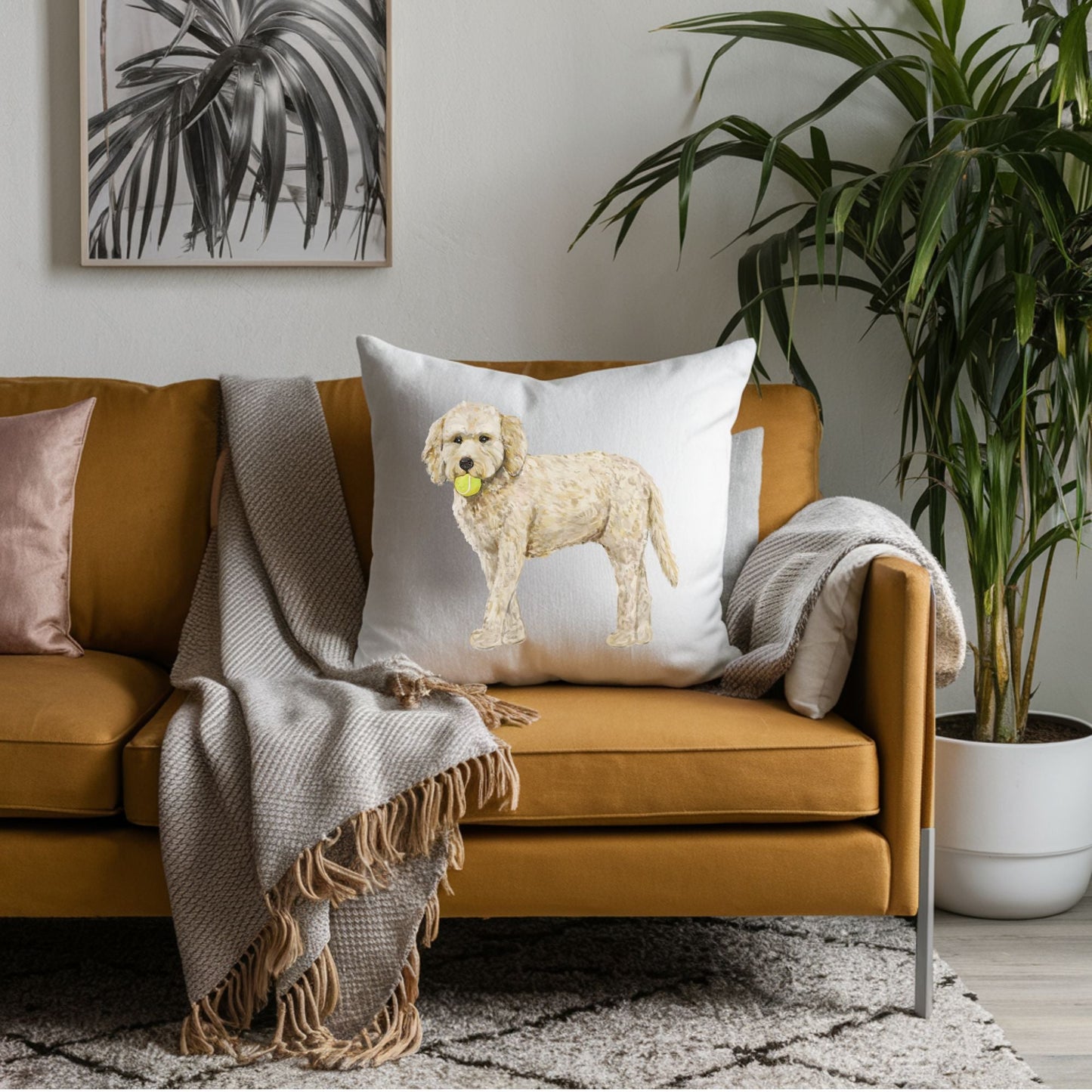 Goldendoodle Pillow with Tennis Ball - MerikaArt