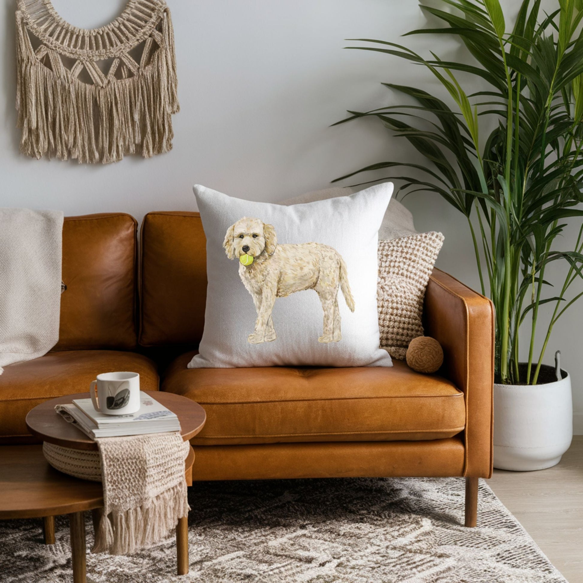 Goldendoodle Pillow with Tennis Ball - MerikaArt