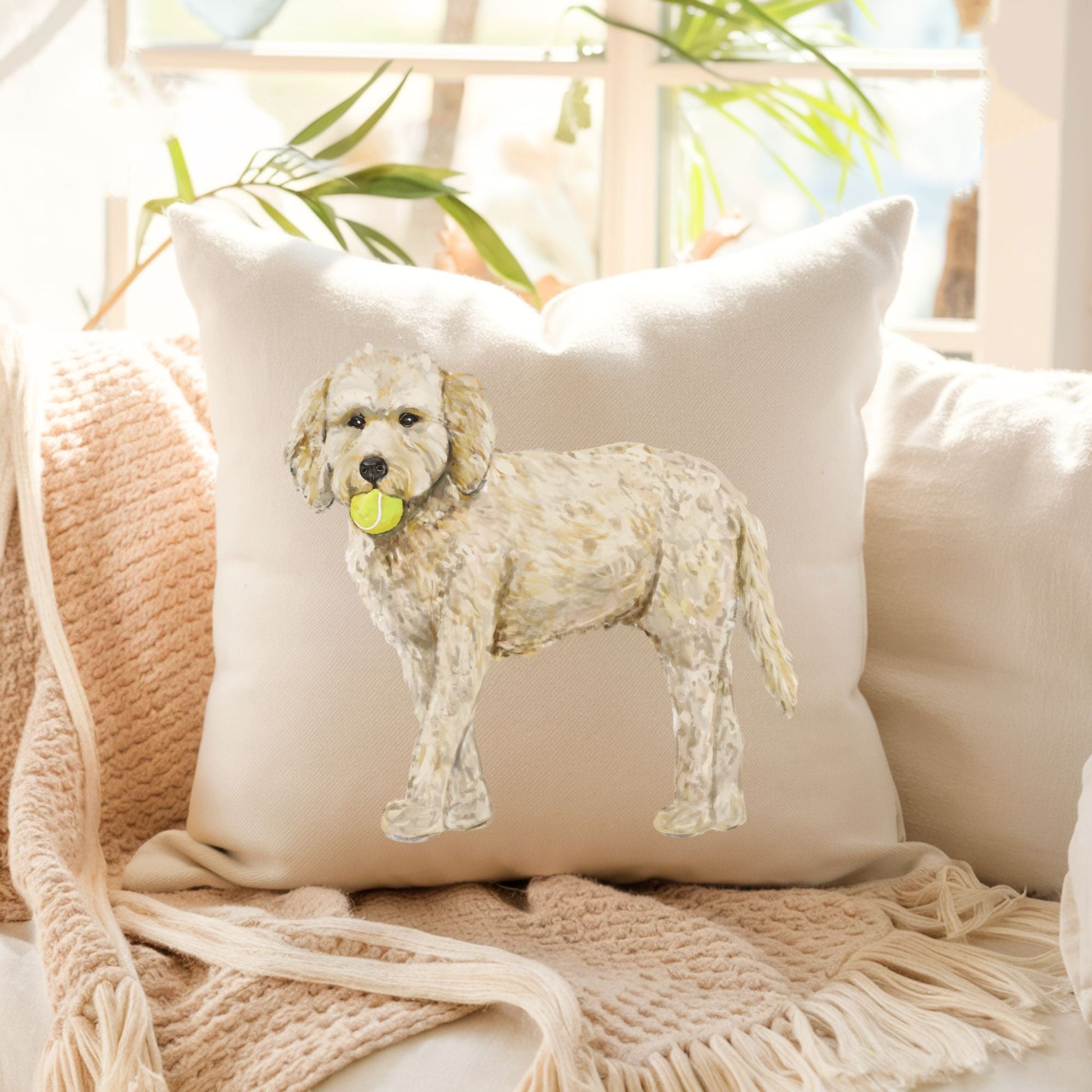 Goldendoodle Pillow with Tennis Ball - MerikaArt