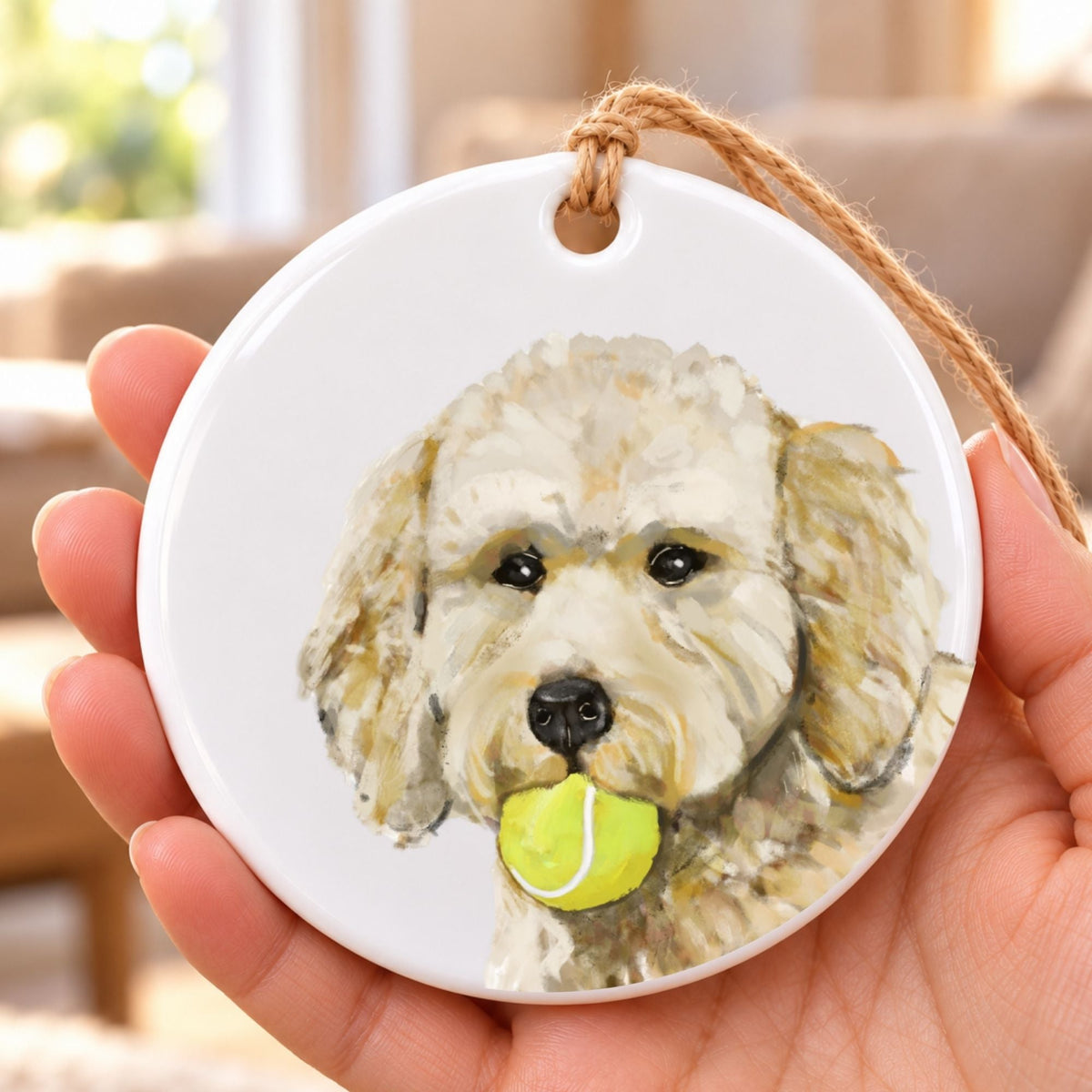 Goldendoodle with Tennis Ball Ceramic Ornament - MerikaArt